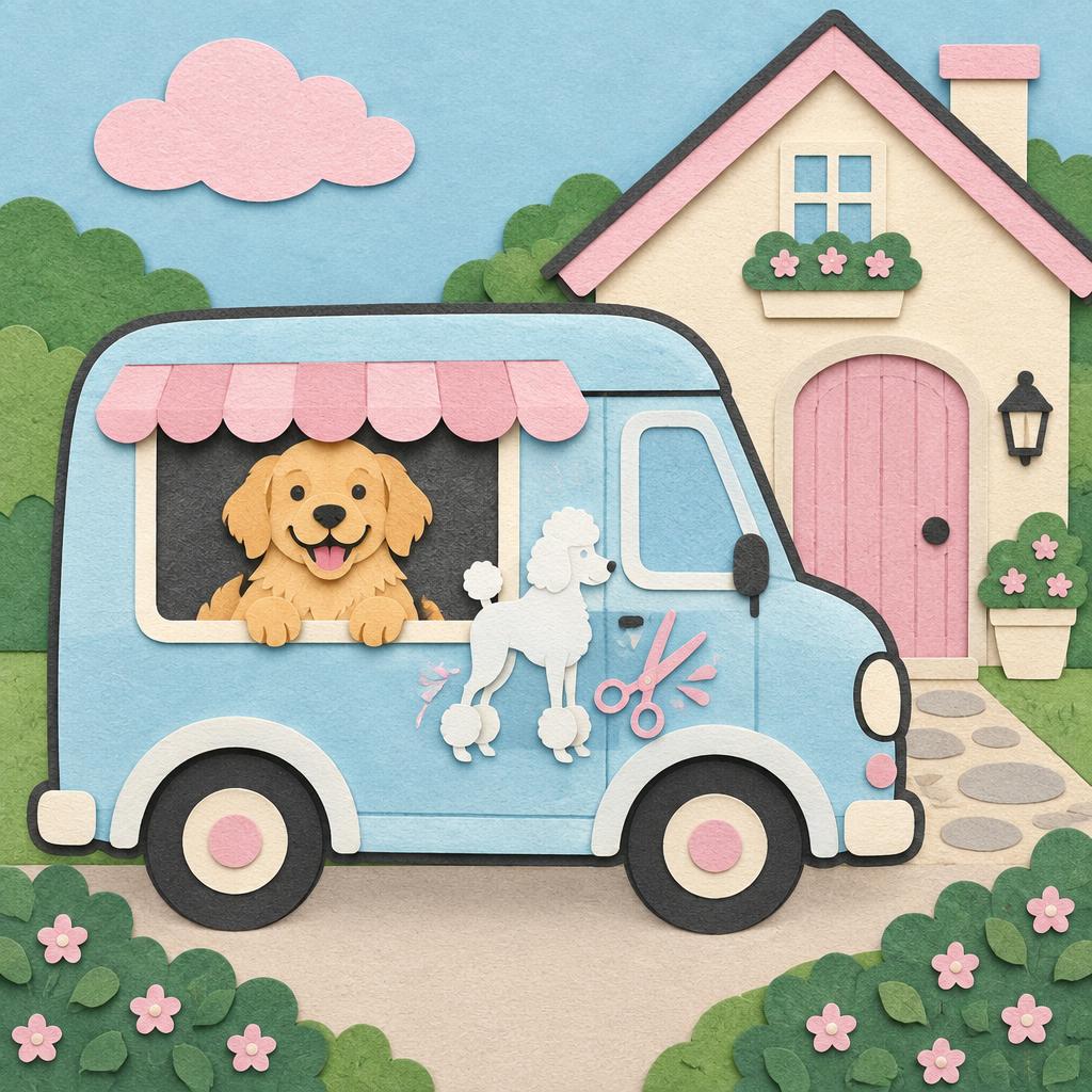 Paper-cut illustration of the Paws & Puddle van and a pup looking out the window