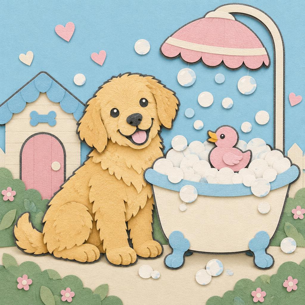 Paper-cut illustration of a puppy waiting beside a bubble-filled tub